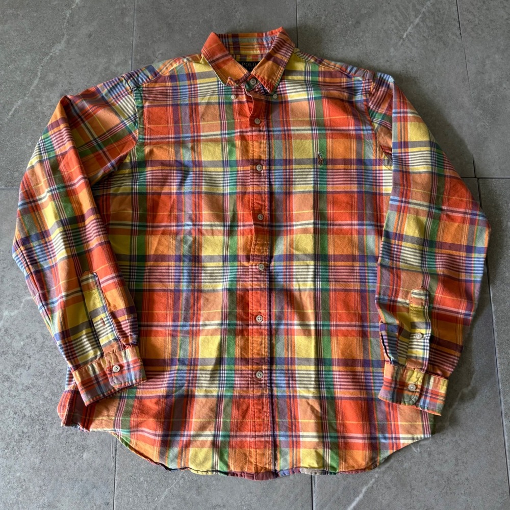 Polo Ralph Lauren Button Down Shirt Large Orange Plaid Classic Fit Long Sleeve - Picture 2 of 8